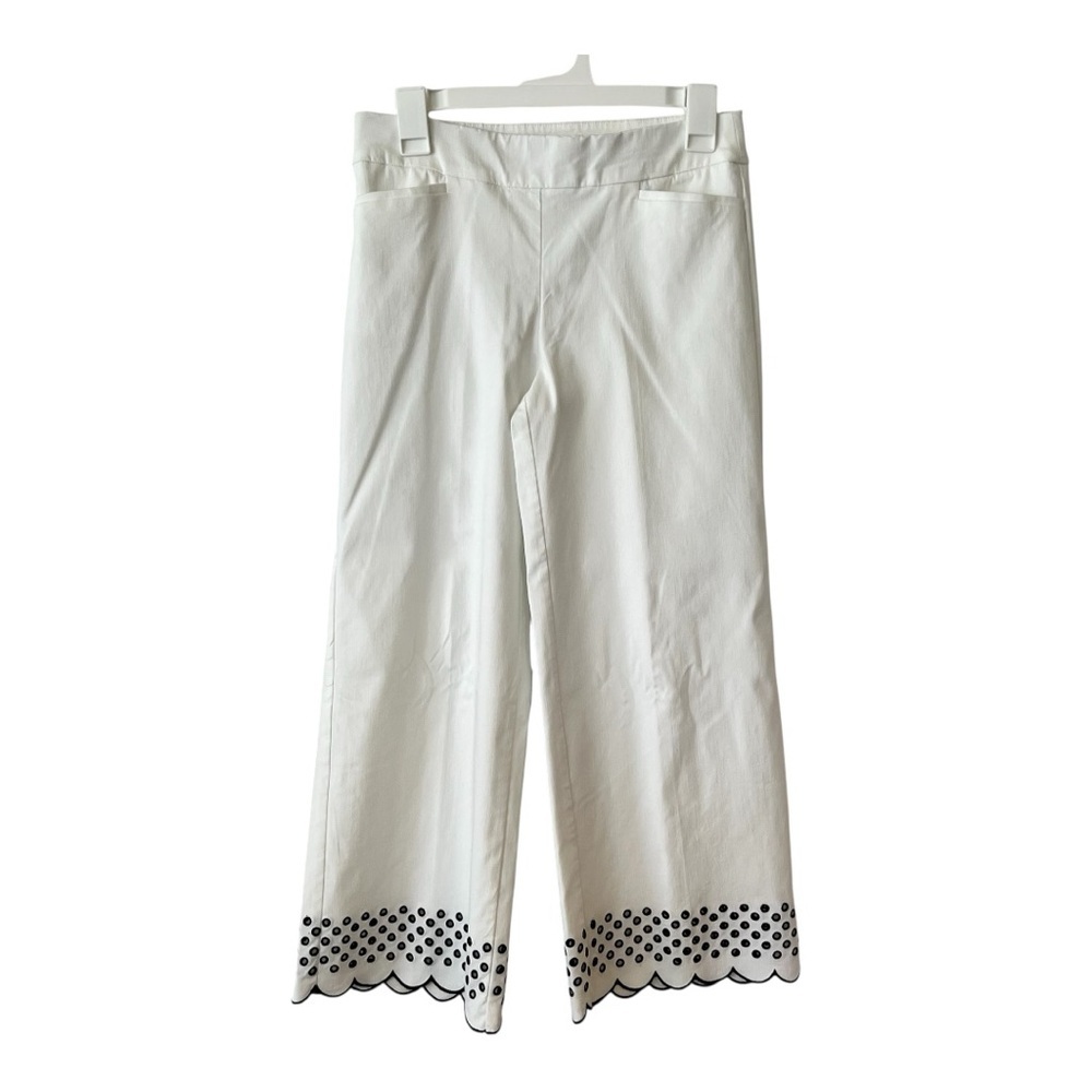 Chico's White Wide Leg Pants with Black Scallop Trim- Size 2R